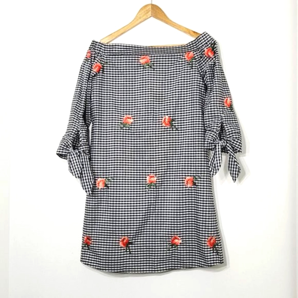 Uncle Frank 3/4 Tie Sleeve Anthropologie Shift Dress Boat Gingham Floral Checker